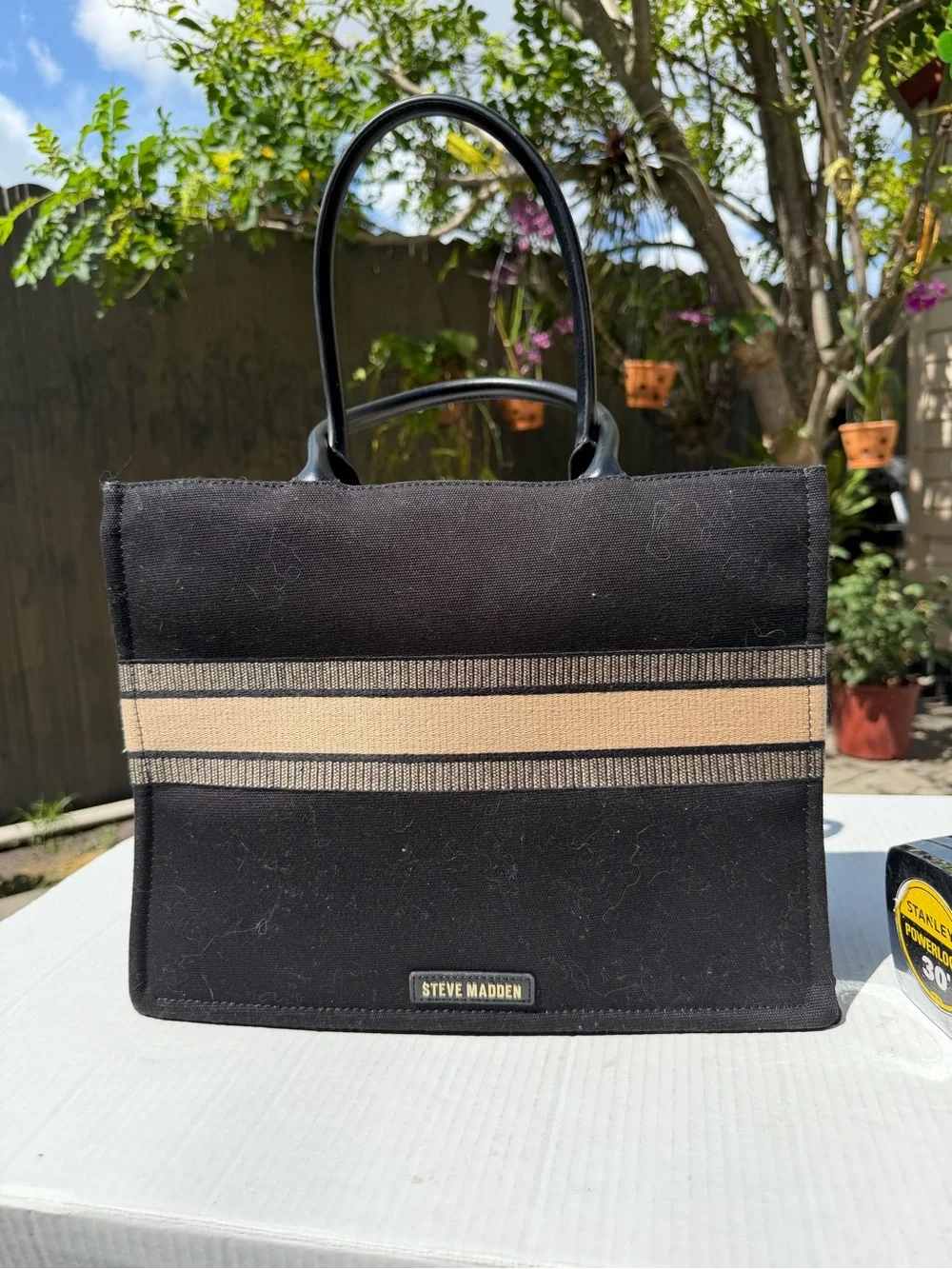 St Barts black canvas tote bag beige stripe resort beach handbag